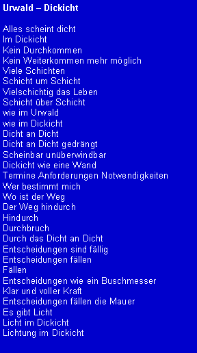 Textfeld: Urwald � DickichtAlles scheint dichtIm DickichtKein DurchkommenKein Weiterkommen mehr m�glichViele SchichtenSchicht um SchichtVielschichtig das LebenSchicht �ber Schichtwie im Urwaldwie im DickichtDicht an DichtDicht an Dicht gedr�ngtScheinbar un�berwindbarDickicht wie eine WandTermine Anforderungen NotwendigkeitenWer bestimmt michWo ist der WegDer Weg hindurchHindurchDurchbruchDurch das Dicht an DichtEntscheidungen sind f�lligEntscheidungen f�llenF�llenEntscheidungen wie ein BuschmesserKlar und voller KraftEntscheidungen f�llen die MauerEs gibt LichtLicht im DickichtLichtung im Dickicht